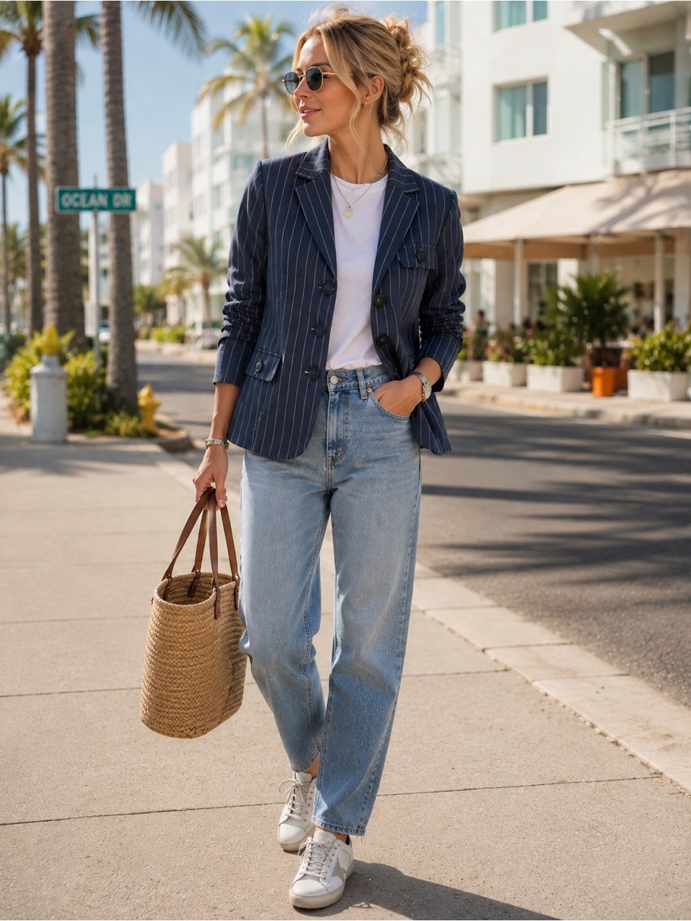 Navy Pinstripe Single-Breasted Blazer
